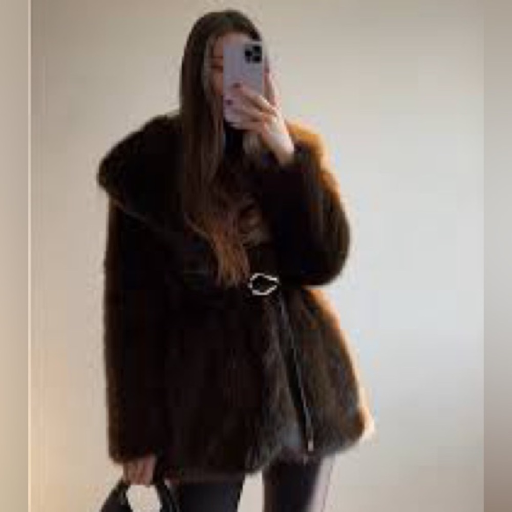 Like New Zara Faux Fur Coat with Black Leather Belt Size Small